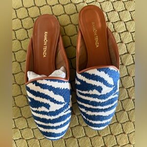 Ramon Tenza Zebra Print Blue and White Mules